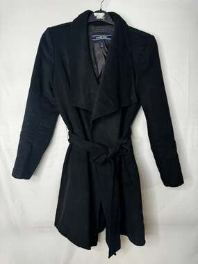 Lands' End Coat Belted Wrap Black Wool Waterfall Collar Lined Work Winter Size 6
